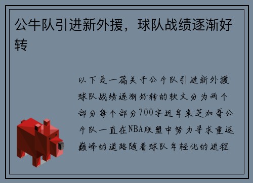 公牛队引进新外援，球队战绩逐渐好转