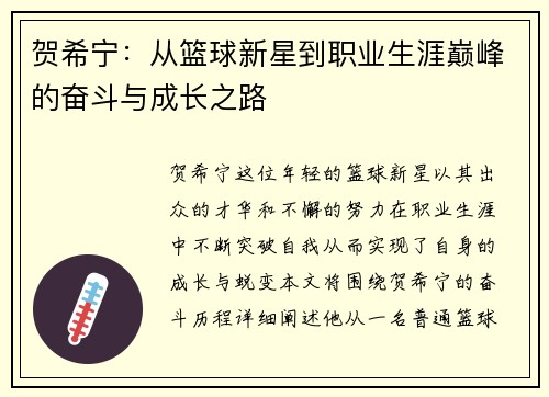 贺希宁：从篮球新星到职业生涯巅峰的奋斗与成长之路