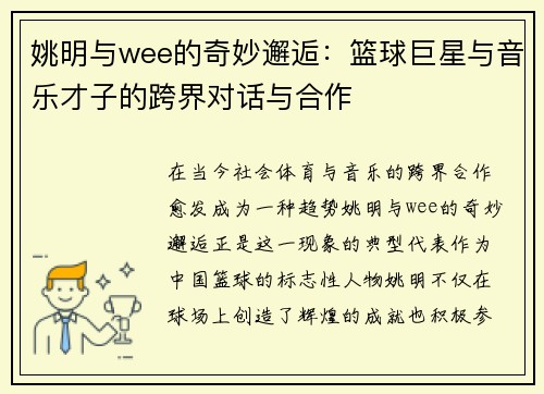 姚明与wee的奇妙邂逅：篮球巨星与音乐才子的跨界对话与合作